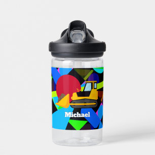 Yellow Bulldozer, Colourful Geometric Shapes, Name Water Bottle