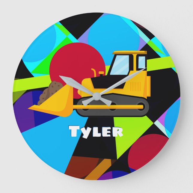 Yellow Bulldozer, Geometric Shapes Child's Name Large Clock (Front)
