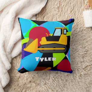 Yellow Bulldozer, Geometric Shapes Child's Name Throw Pillow