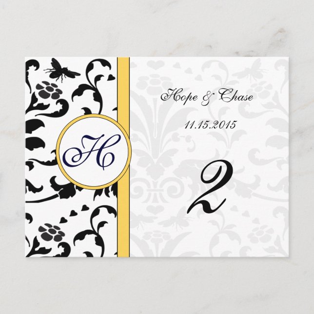 Yellow Bumble Bee Damask Swirls Table Number Cards (Front)