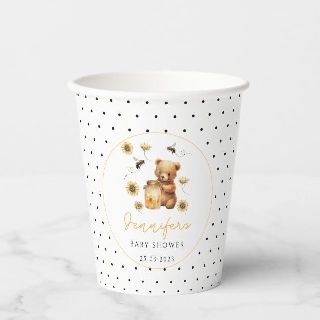 Yellow bumble honey bee baby shower paper cups (Front)