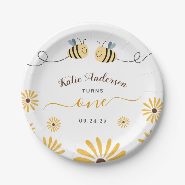 Yellow Bumblebee and Sunflowers First Birthay Paper Plate (Front)