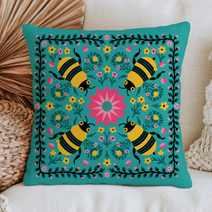 Yellow Bumblebees on Blue Floral Cottagecore  Throw Pillow
