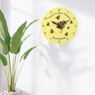 Yellow Bumblebees Time to Bee Happy Customizable Large Clock