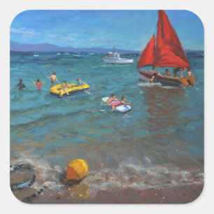 Yellow Buoy and Red Sails Abersoch Square Sticker
