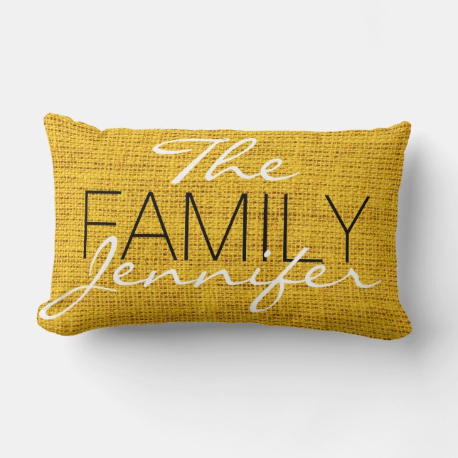 Yellow Burlap Rustic Linen Monogram Lumbar Pillow (Front)