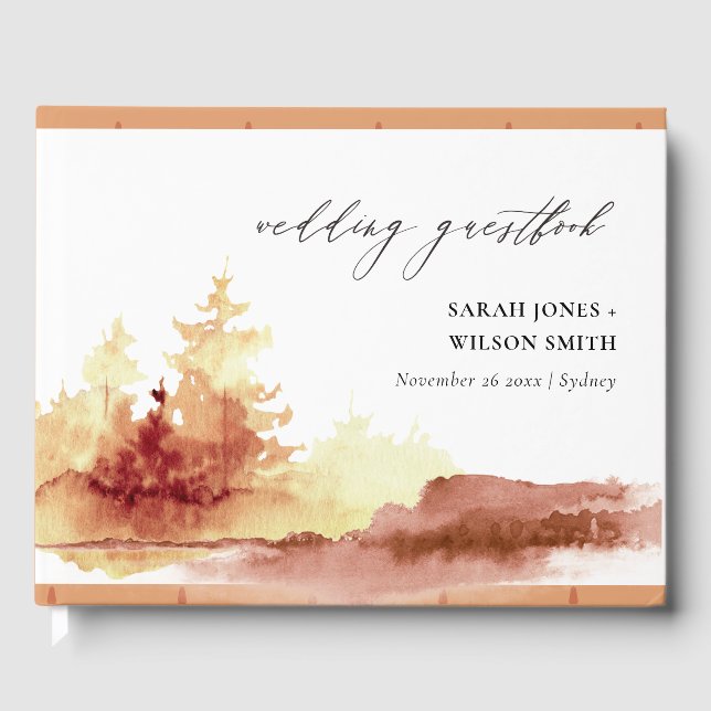 Yellow Burnt Orange Autumn Trees Foliage Wedding Guest Book (Front)