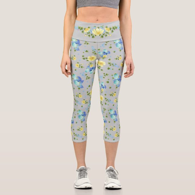 Yellow Buttercups and Blue Iris Capri Leggings (Front)