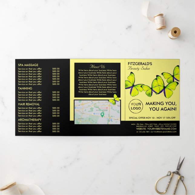 Yellow Butterflies, Beauty Salon Tri-Fold Flyer Invitation (Outside)