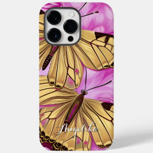 Yellow Butterflies, Pink Flowers Personalized Name Case-Mate iPhone 14 Pro Max Case