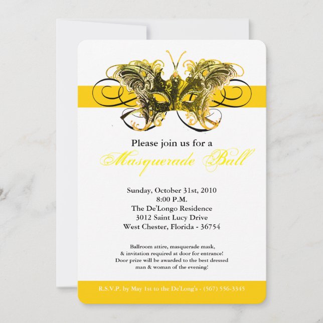 Yellow Butterfly Masquerade Mask Costume Halloween Invitation (Front)