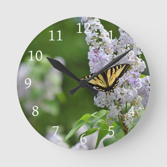 Yellow Butterfly on Lilac Tree Round Clock (Front)