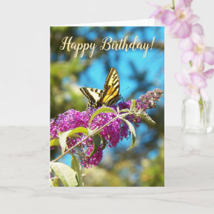 Yellow Butterfly on Pink Flowers Birthday Card