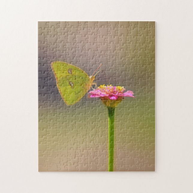 Yellow Butterfly on Pink Zinnia Flower Jigsaw Puzzle (Vertical)
