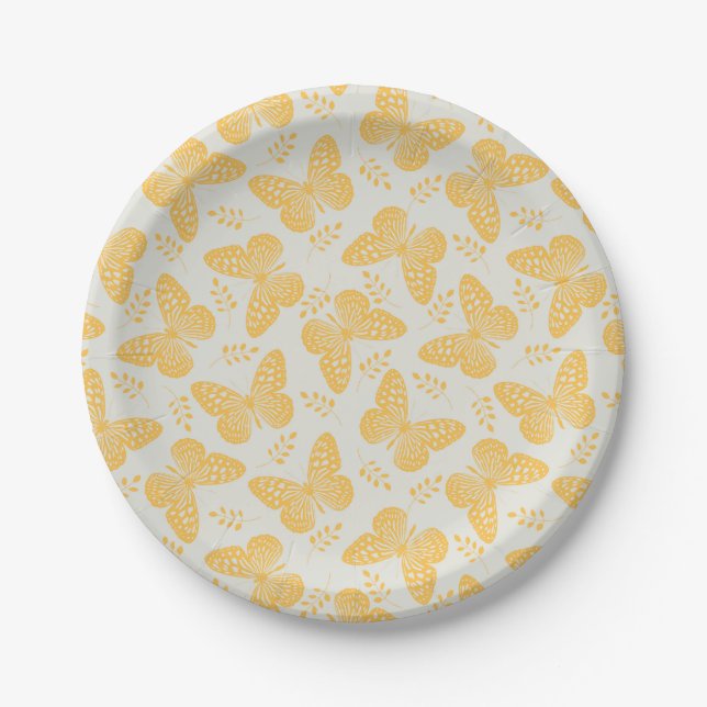 Yellow butterfly pattern on grey background paper plate (Front)