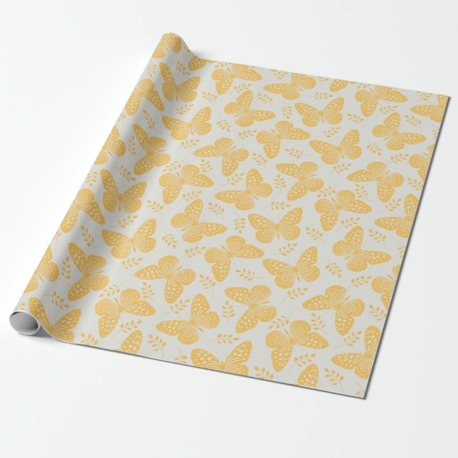 Yellow butterfly pattern on grey background wrapping paper (Unrolled)