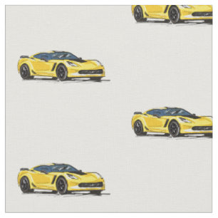 Yellow C7 Corvette Hand Drawn Sketch Fabric