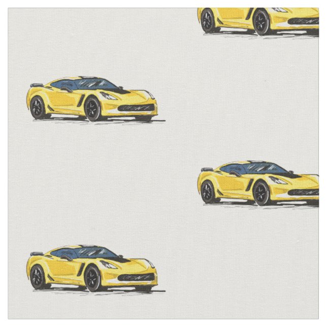 Yellow C7 Corvette Hand Drawn Sketch Fabric (Close Up)