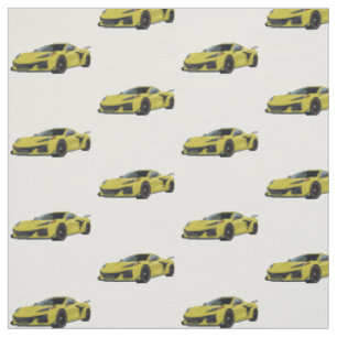 Yellow C8 Corvette Sports Car Hand Drawn Fabric