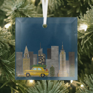 Yellow Cab in the City Customizable Glass Ornament