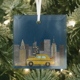 Yellow Cab in the City Customizable Glass Ornament