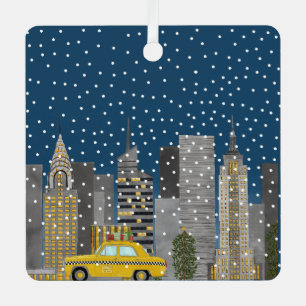 Yellow Cab in the City Customizable Metal Ornament