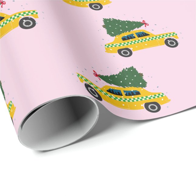Yellow Cab Taxi Fir Tree Pattern Pink Christmasr Wrapping Paper (Roll Corner)