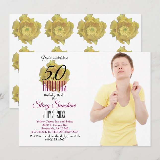 Yellow Cactus Flower 50 and Fabulous Birthday Invitation (Front/Back)