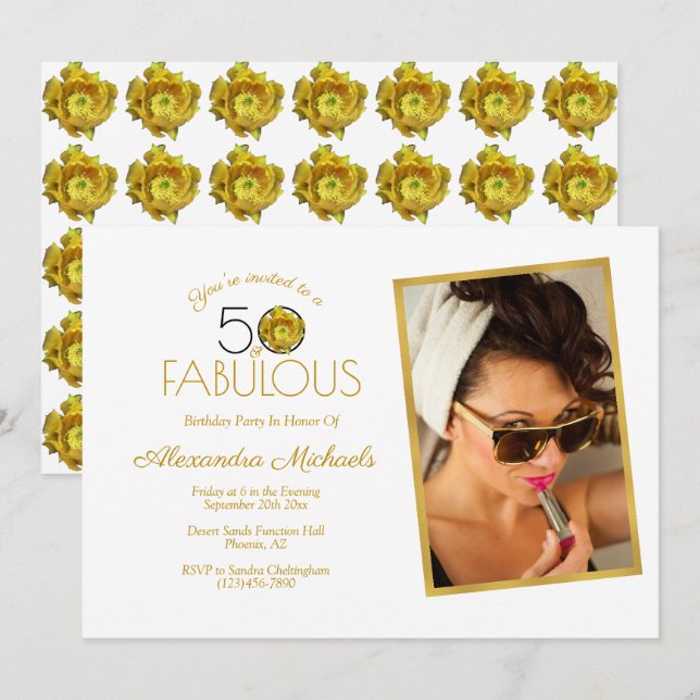 Yellow Cactus Flower Black & Gold 50 & Fabulous Invitation (Front/Back)