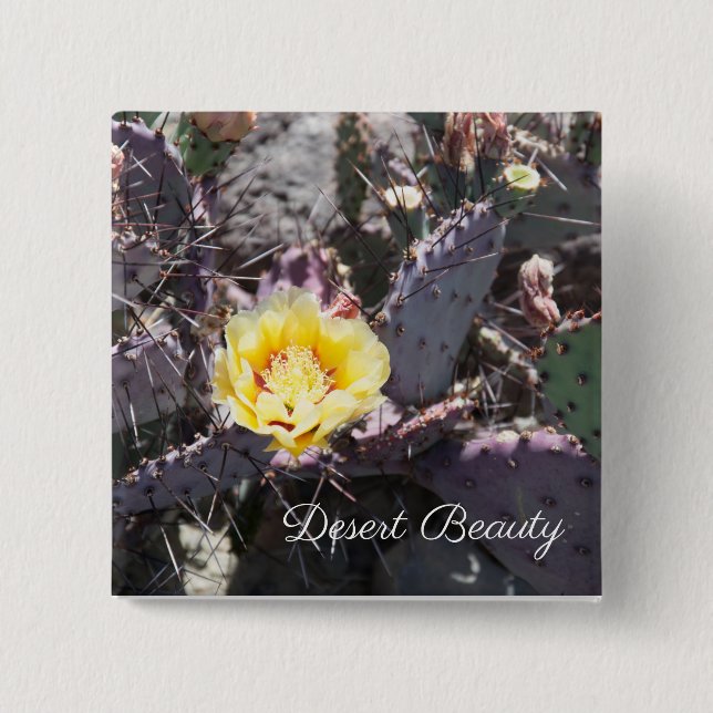 Yellow cactus flower in spring 2 inch square button (Front)
