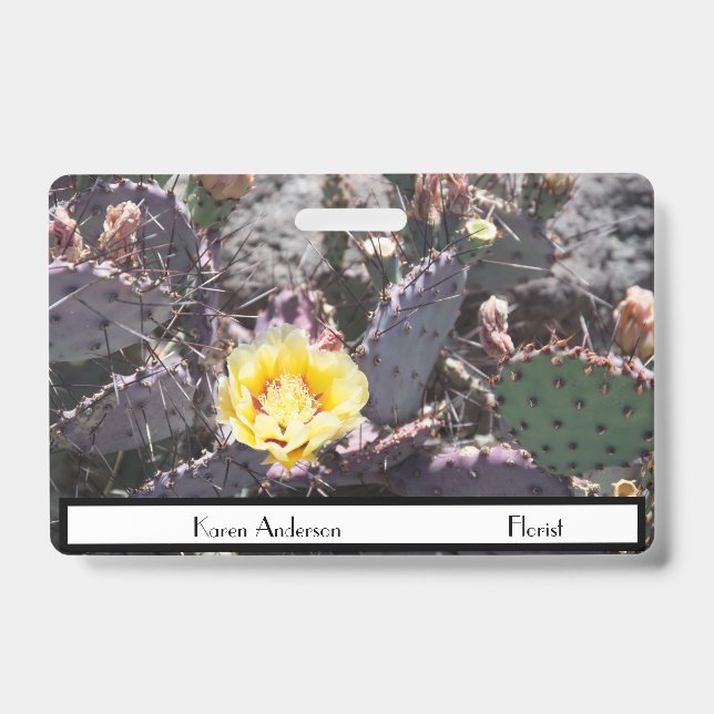 Yellow cactus flower in spring badge (Front)