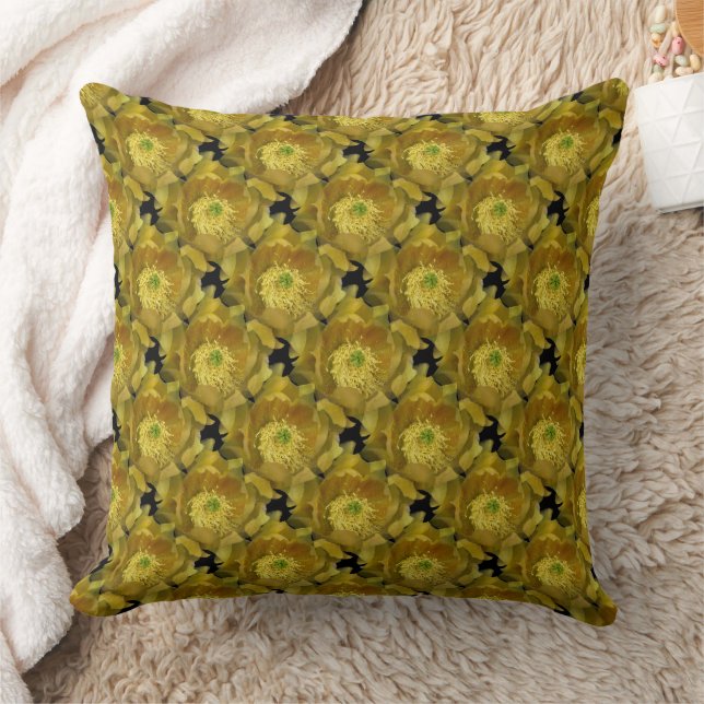 Yellow Cactus Flower Repeating Pattern on Black 2 Throw Pillow (Blanket)