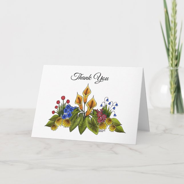 Yellow Calla Lilies Floral Garden Doodle Scene Thank You Card (Front)