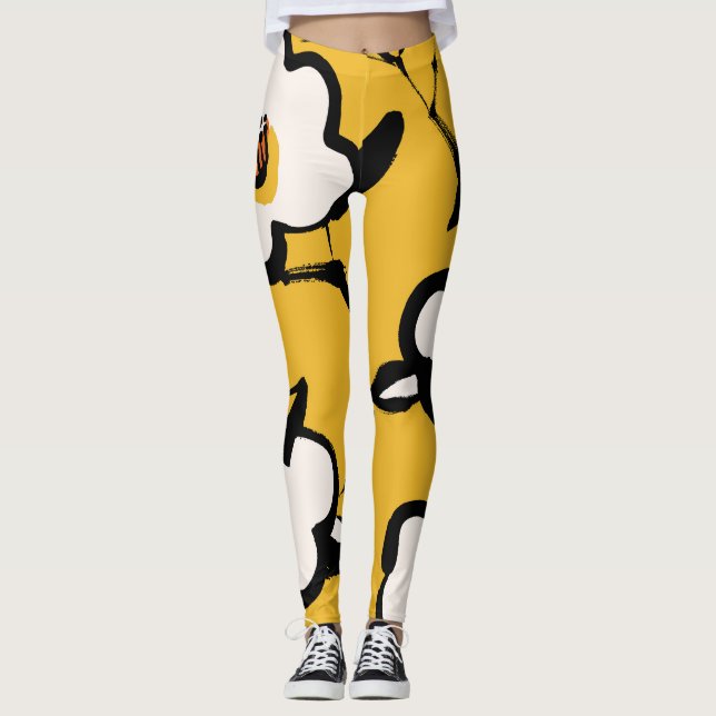 Yellow Camellia, sketchy floral vintage. Leggings (Front)