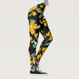 YELLOW CAMELLIAS,WHITE GREEN LEAVES BLACK Floral Leggings