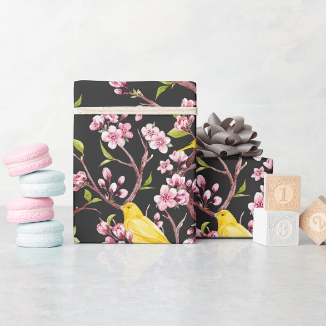 Yellow Canaries And Cherry Blossoms  Wrapping Pape Wrapping Paper (Baby Shower)