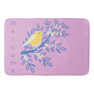 Yellow Canary Bird Denim Blue On Pink Bath Mat