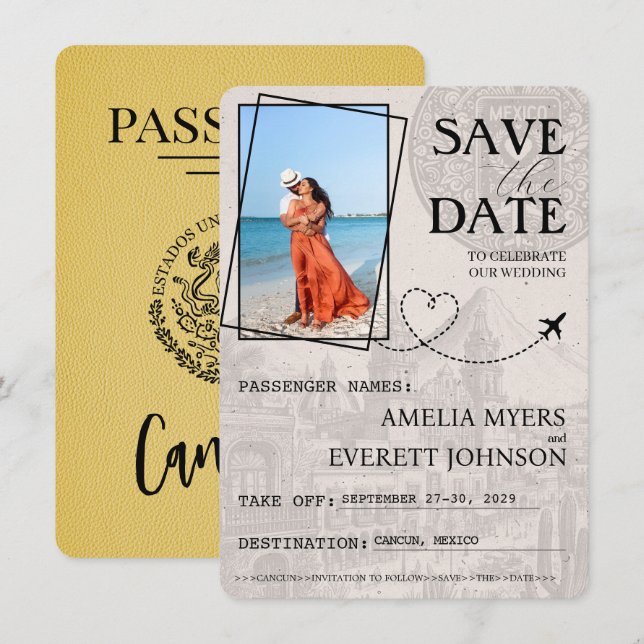 Yellow Cancun Passport Save The Date (Front/Back)