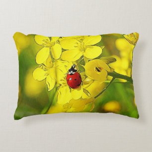 Yellow Canola Flower Good Luck Red Ladybug Decorative Pillow