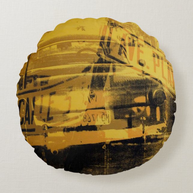 Yellow Car and Street Sign Round Pillow (Front)