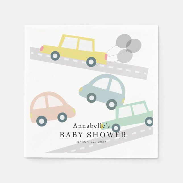 Yellow Car Balloons White Baby Shower Napkin (Front)
