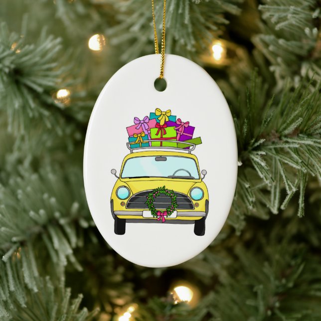 Yellow Car with Christmas Gifts Ceramic Ornament (Tree)