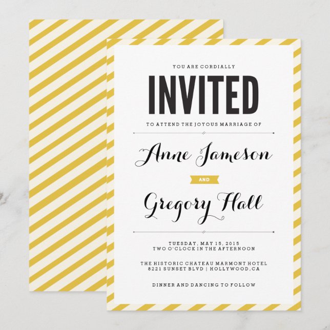 Yellow Carnival Stripes Modern Wedding Invitation (Front/Back)
