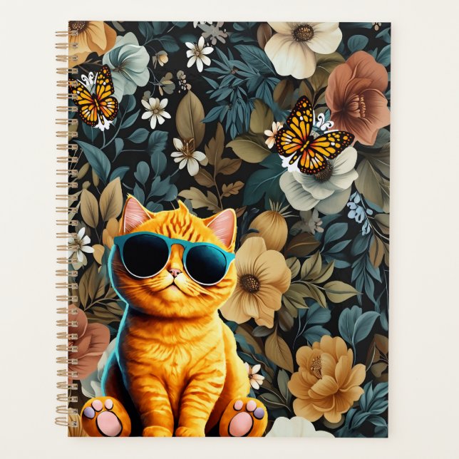Yellow Cat and Butterflies on Floral Background Planner (Front)