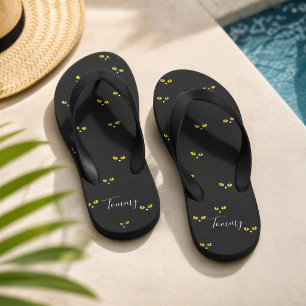 Yellow Cat Eyes on Black Best Halloween Party Kid's Flip Flops