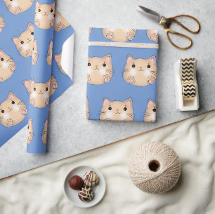 Yellow cat on cornflower blue wrapping paper