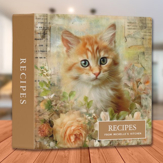 Yellow Cat Vintage Roses Floral Recipes  Binder (Vintage kitten painting custom recipe binder)