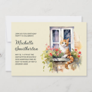 Yellow Cat Window Flowers Birthday Invitation