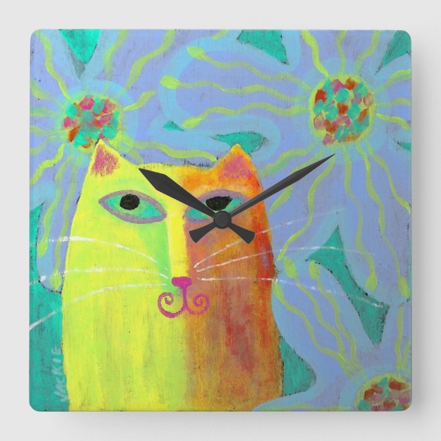 Yellow Cat with Flowers Abstract Art Round Clock (Front)