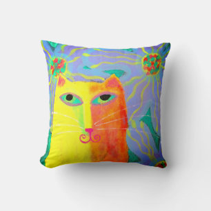 Yellow Cat with Flowers Abstract Art Throw Pillow